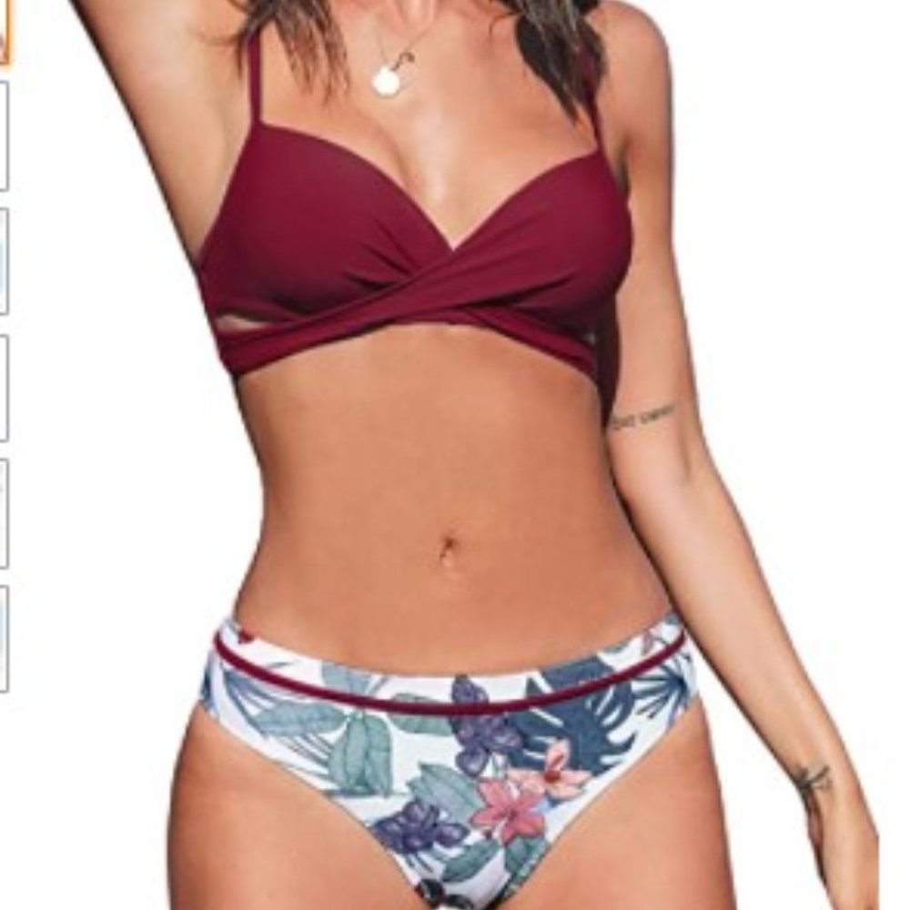 CUPSHE Women's Leafy Wrap Tie Bikini Set Halter Back Bow Low Waisted size M NEW